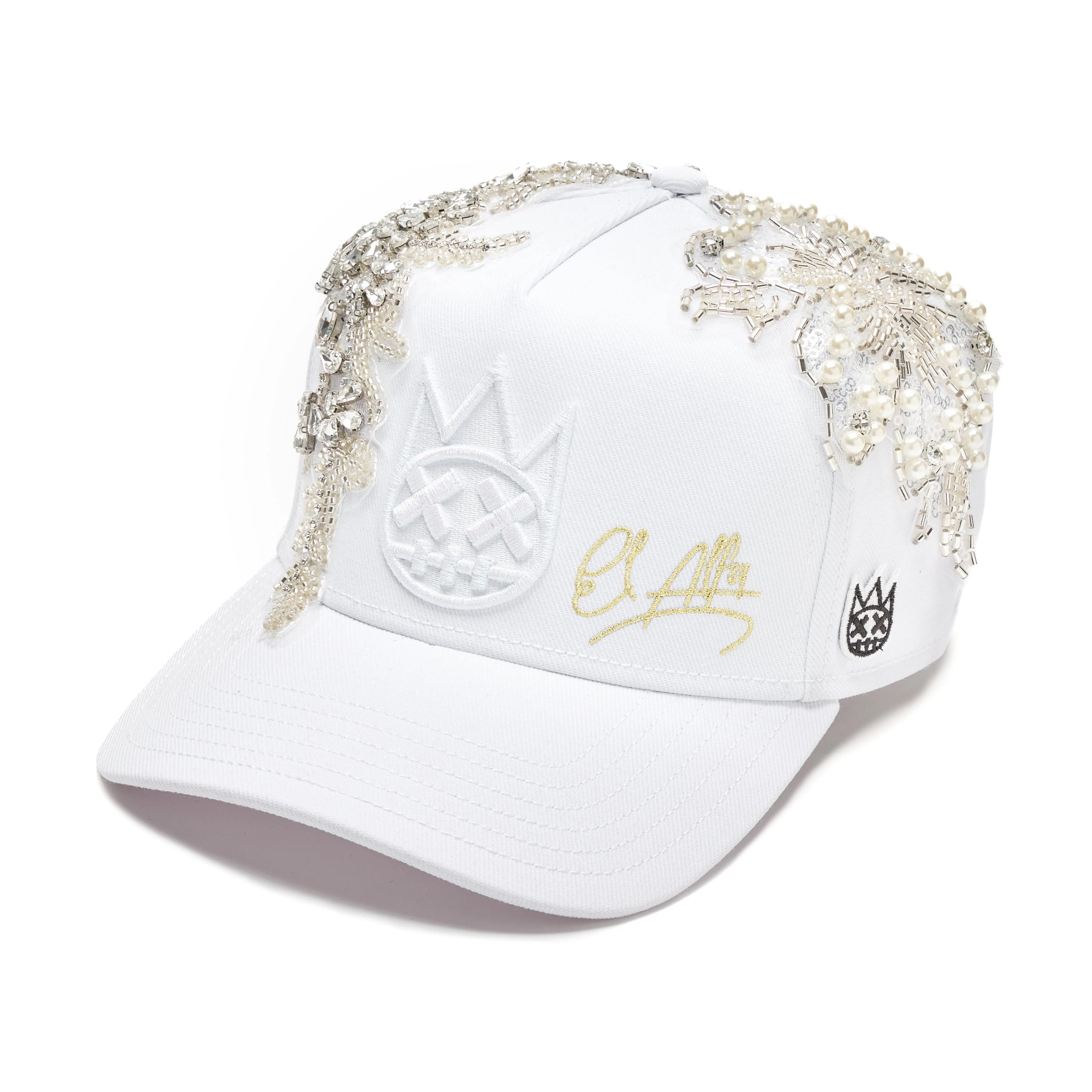 Cult X El Alfa Lurex Emb Logo 5 Panel A Frame Trucker Hat in White - Image 2