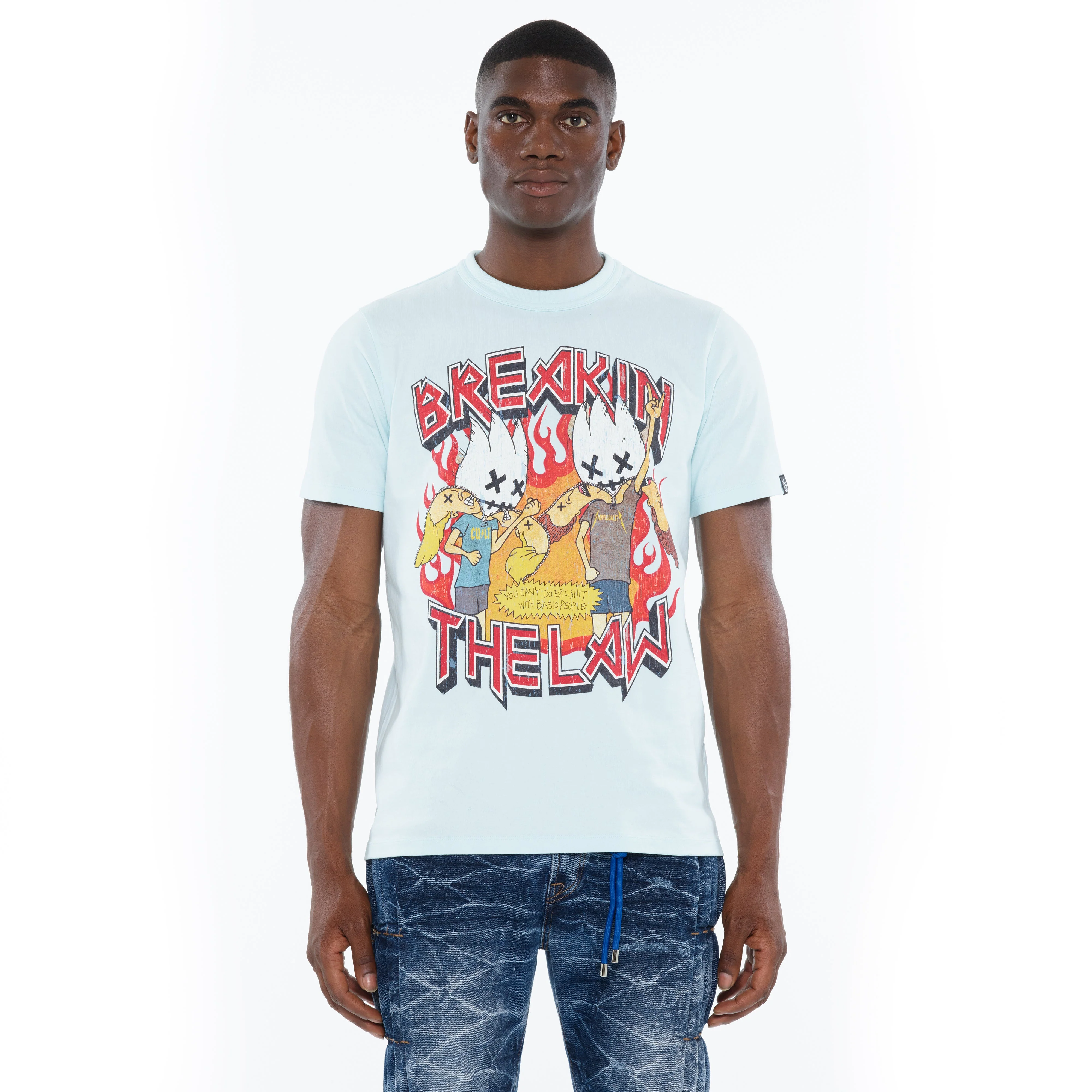 Cult's Heavyweight Short Sleeve Crew Neck Tee "Breaking The Law" in Powder Blue - Image 2