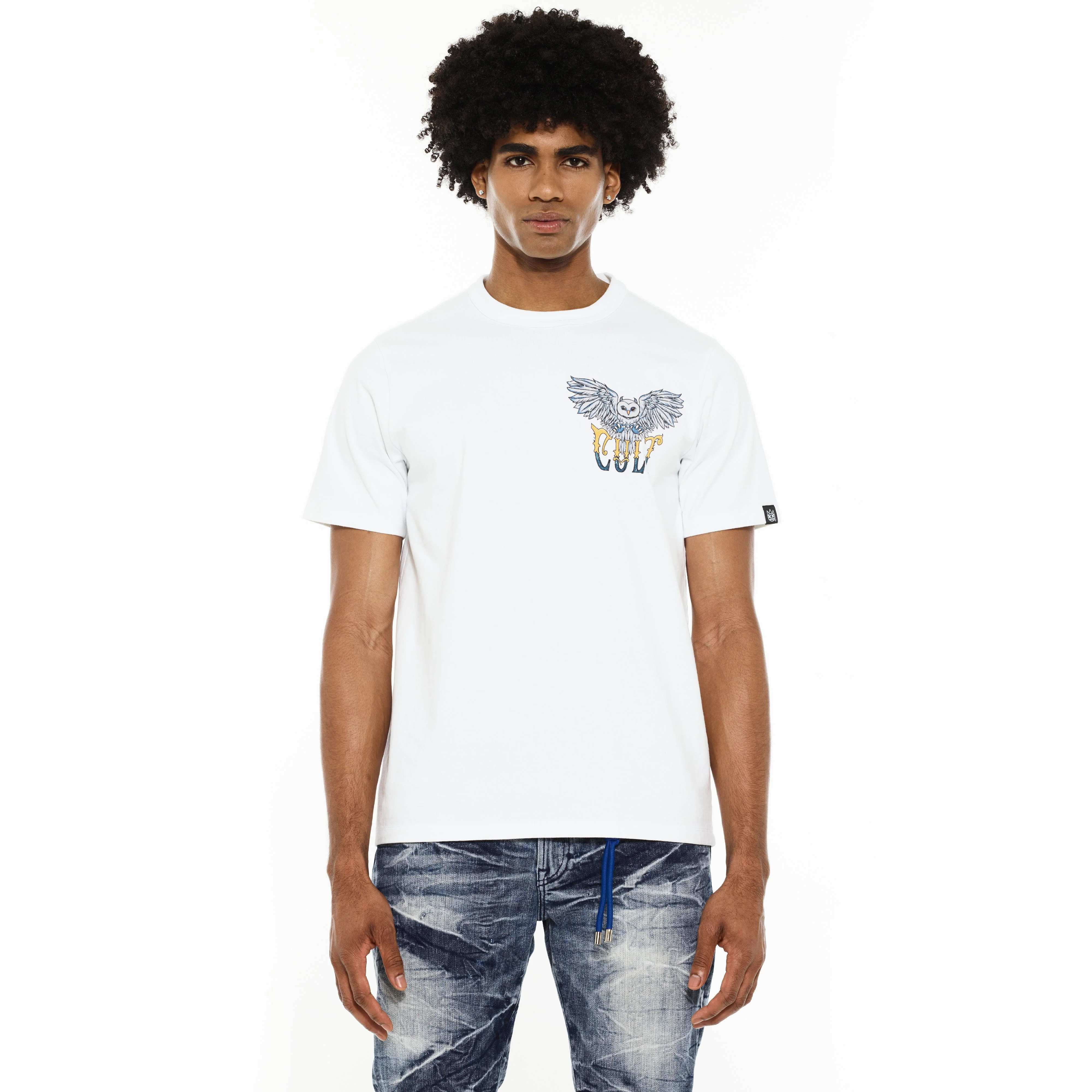 Cult's Heavyweight Short Sleeve Crew Neck Tee "Owl" in White - Image 2