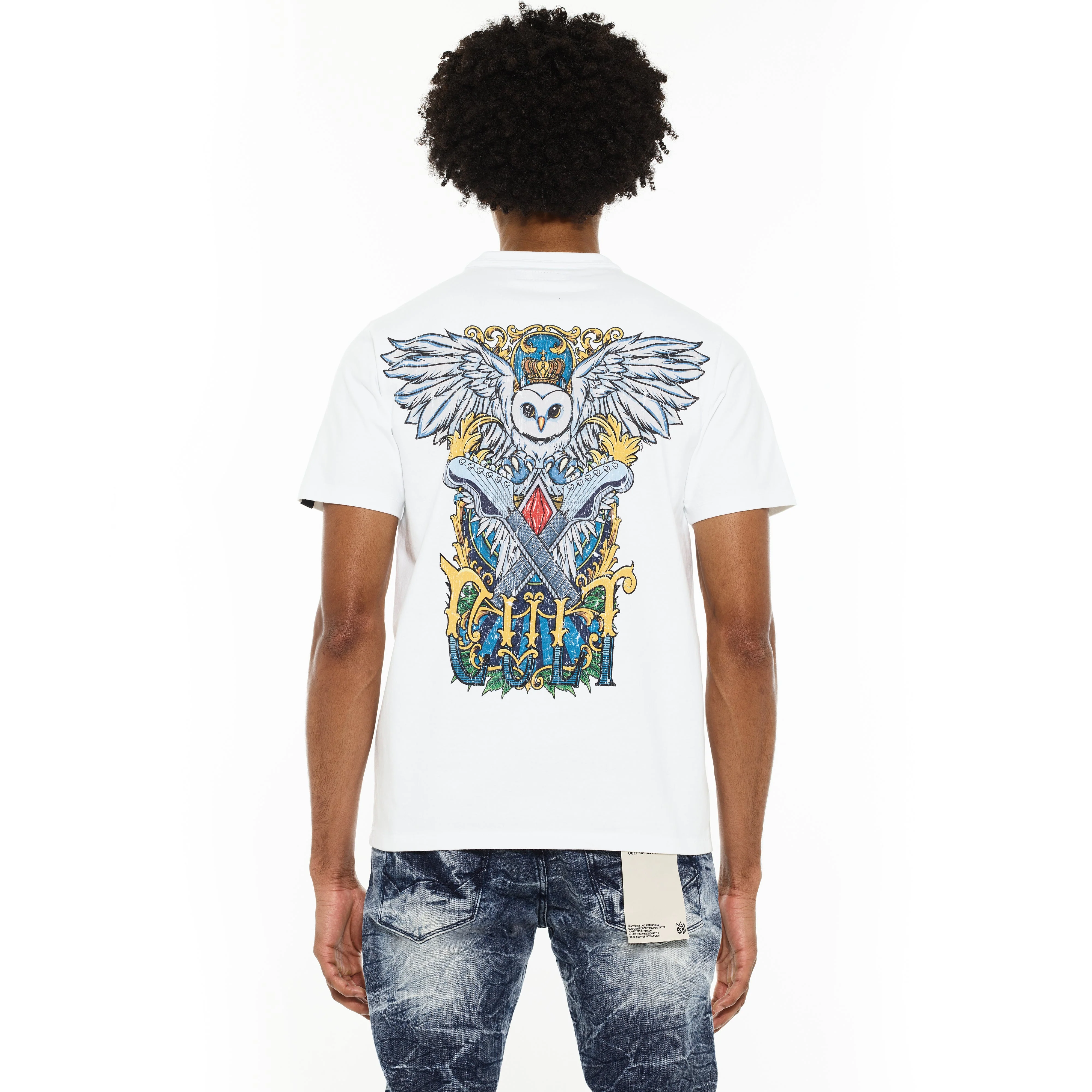 Cult's Heavyweight Short Sleeve Crew Neck Tee "Owl" in White - Image 3