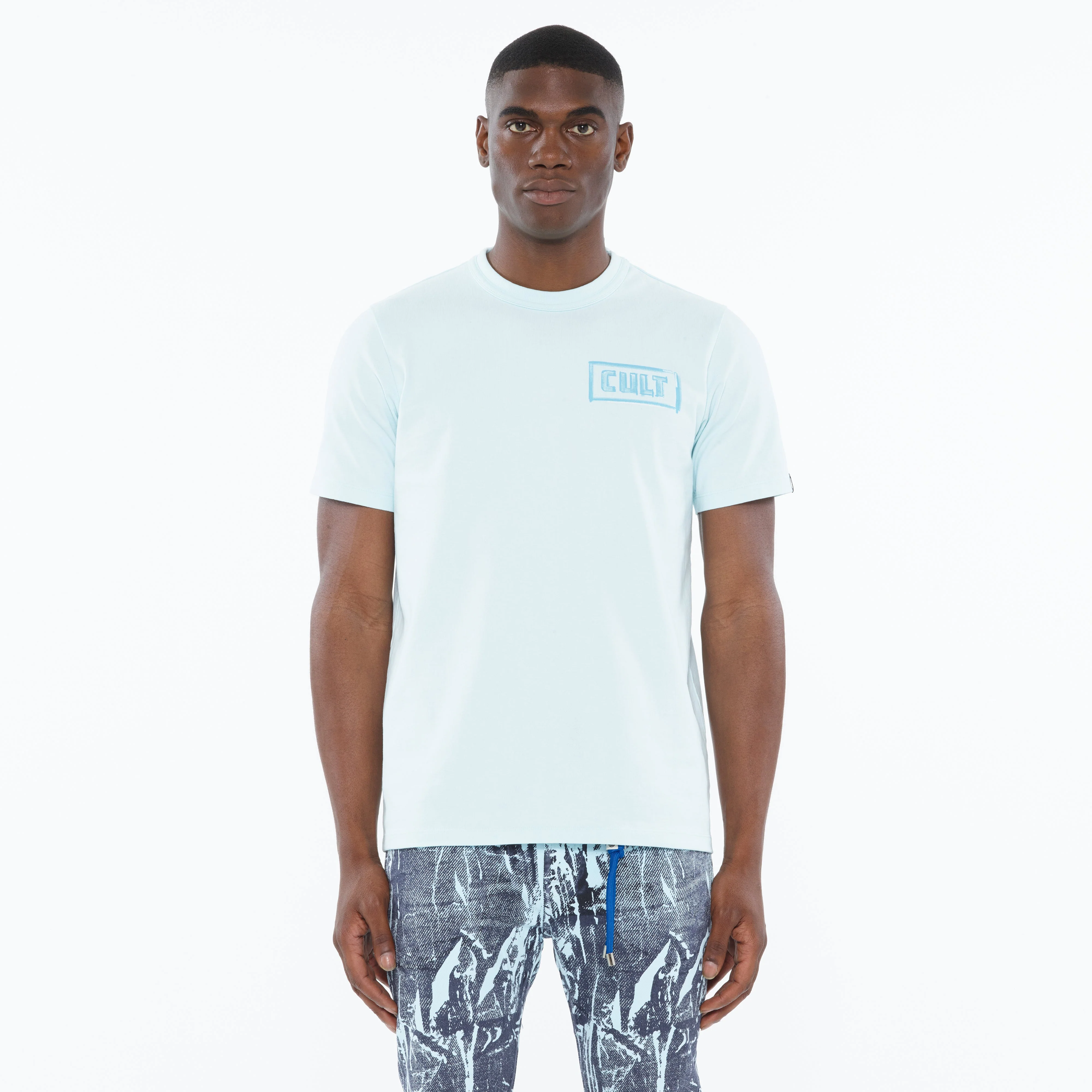 Cult's Heavyweight Short Sleeve Crew Neck Tee "Stroke" in Powder Blue - Image 2
