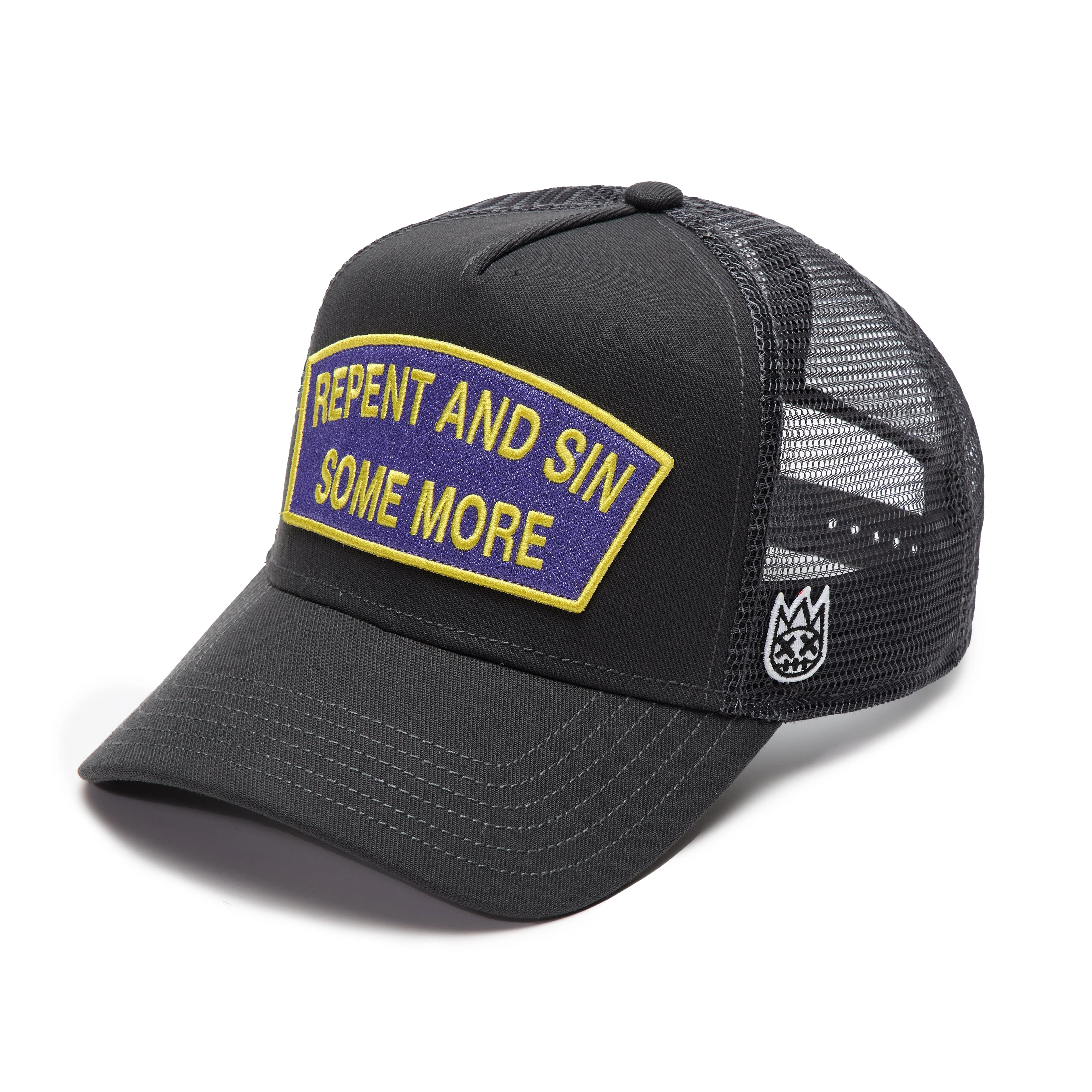 Cult's Logo Mesh Back Trucker Hat "Repent And Sin Some More" in Forged Iron - Image 2