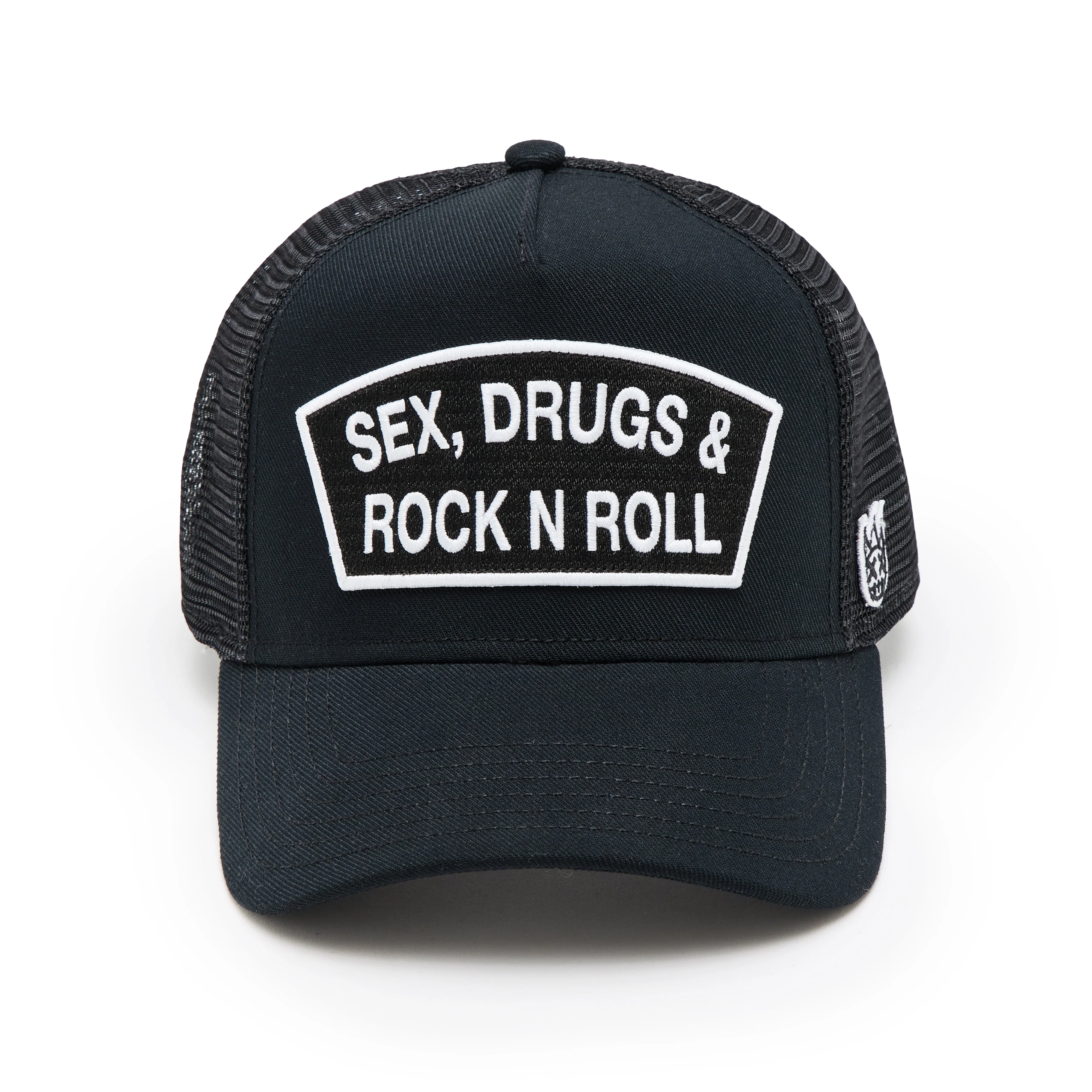 Cult's Logo Mesh Back Trucker Hat "Sex Drugs Rock N Roll" in Black