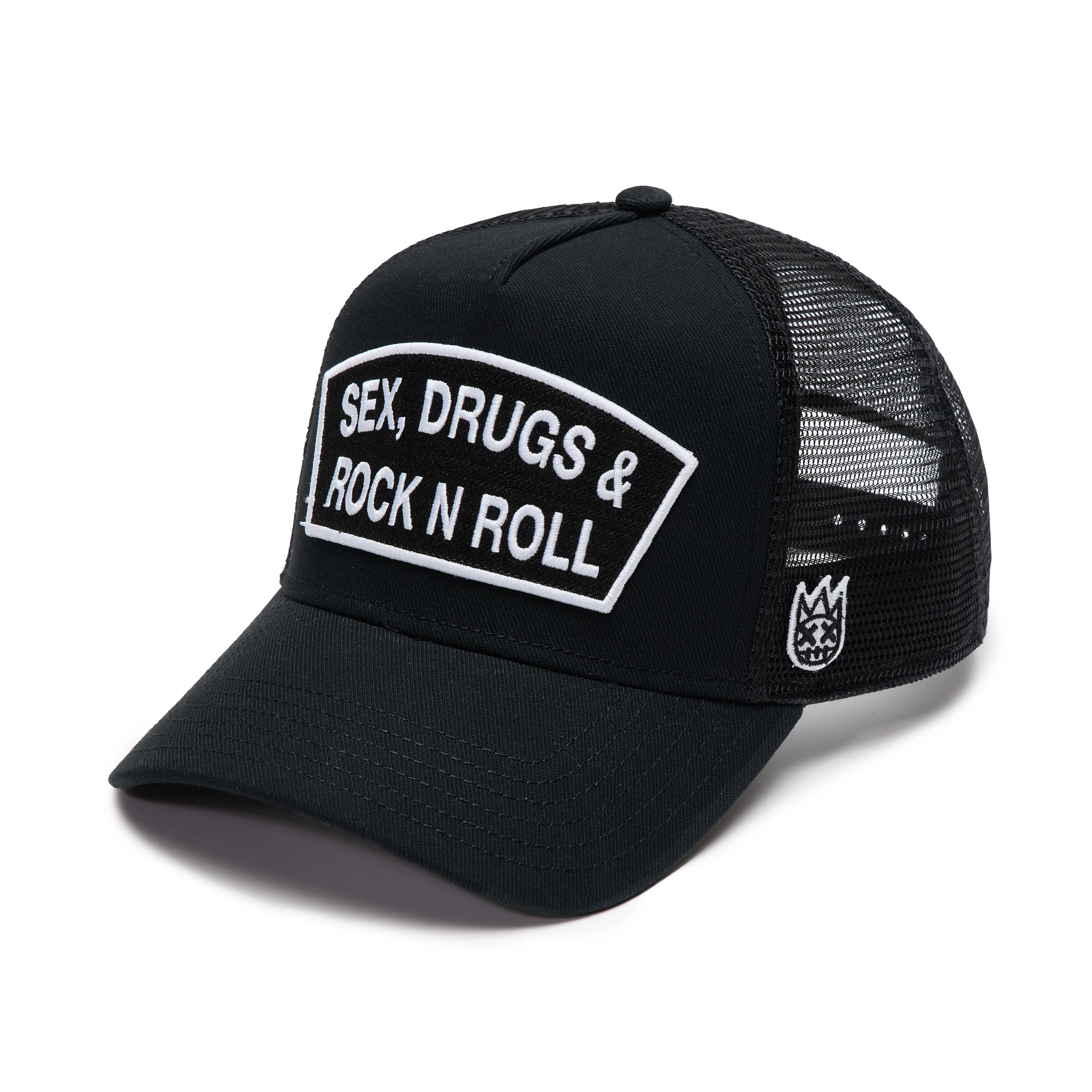Cult's Logo Mesh Back Trucker Hat "Sex Drugs Rock N Roll" in Black - Image 2