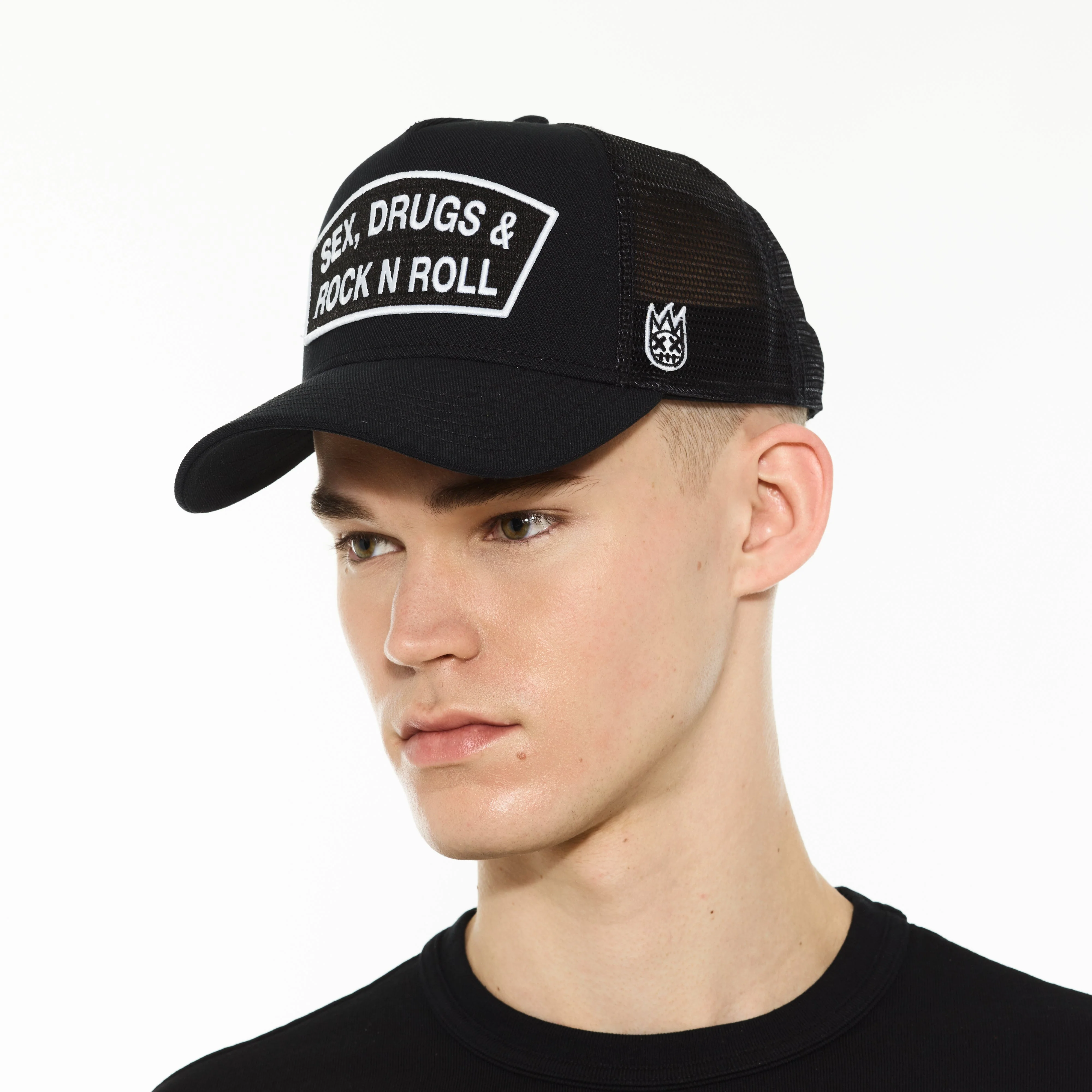 Cult's Logo Mesh Back Trucker Hat "Sex Drugs Rock N Roll" in Black - Image 4