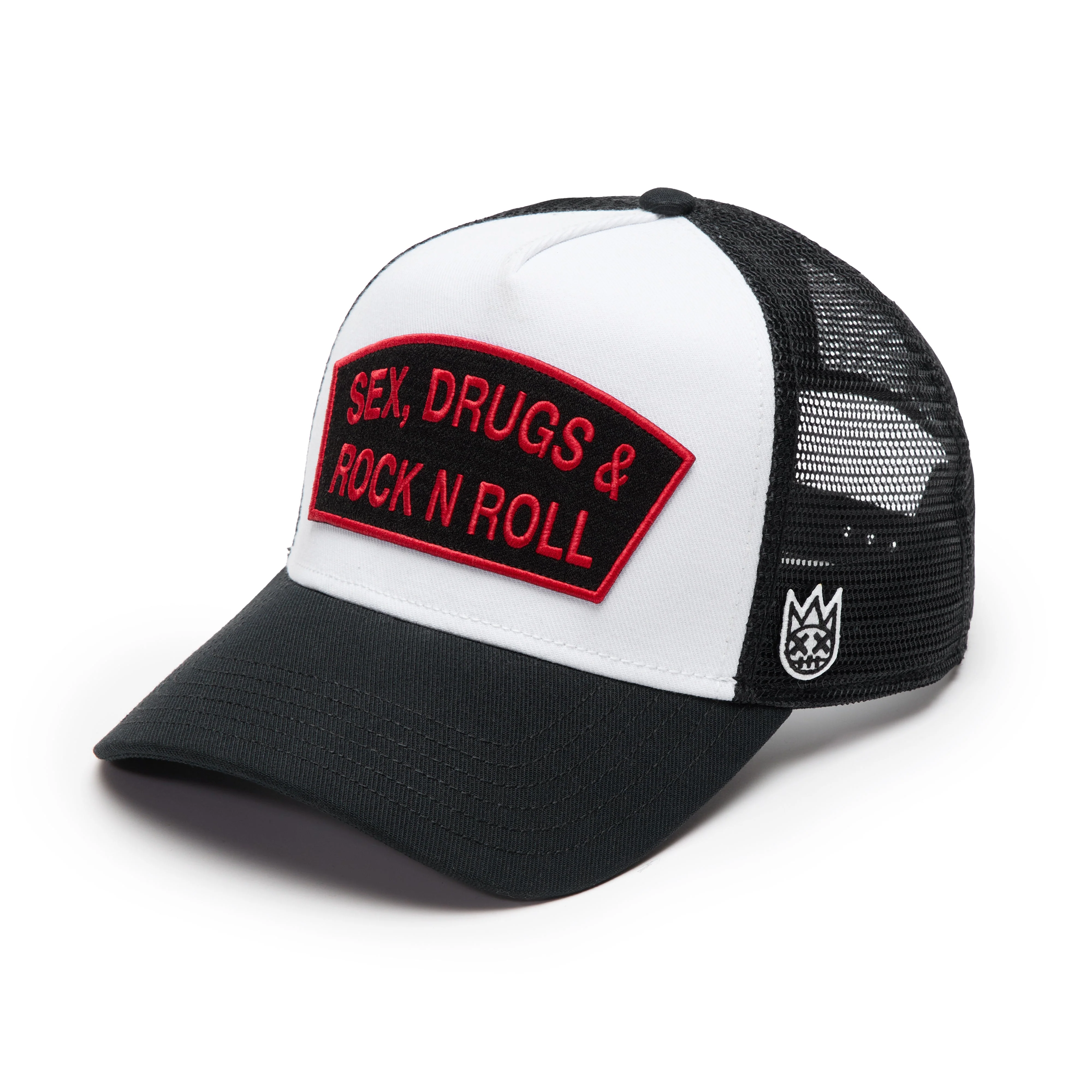 Cult's Logo Mesh Back Trucker Hat "Sex Drugs Rock N Roll" in White - Image 2