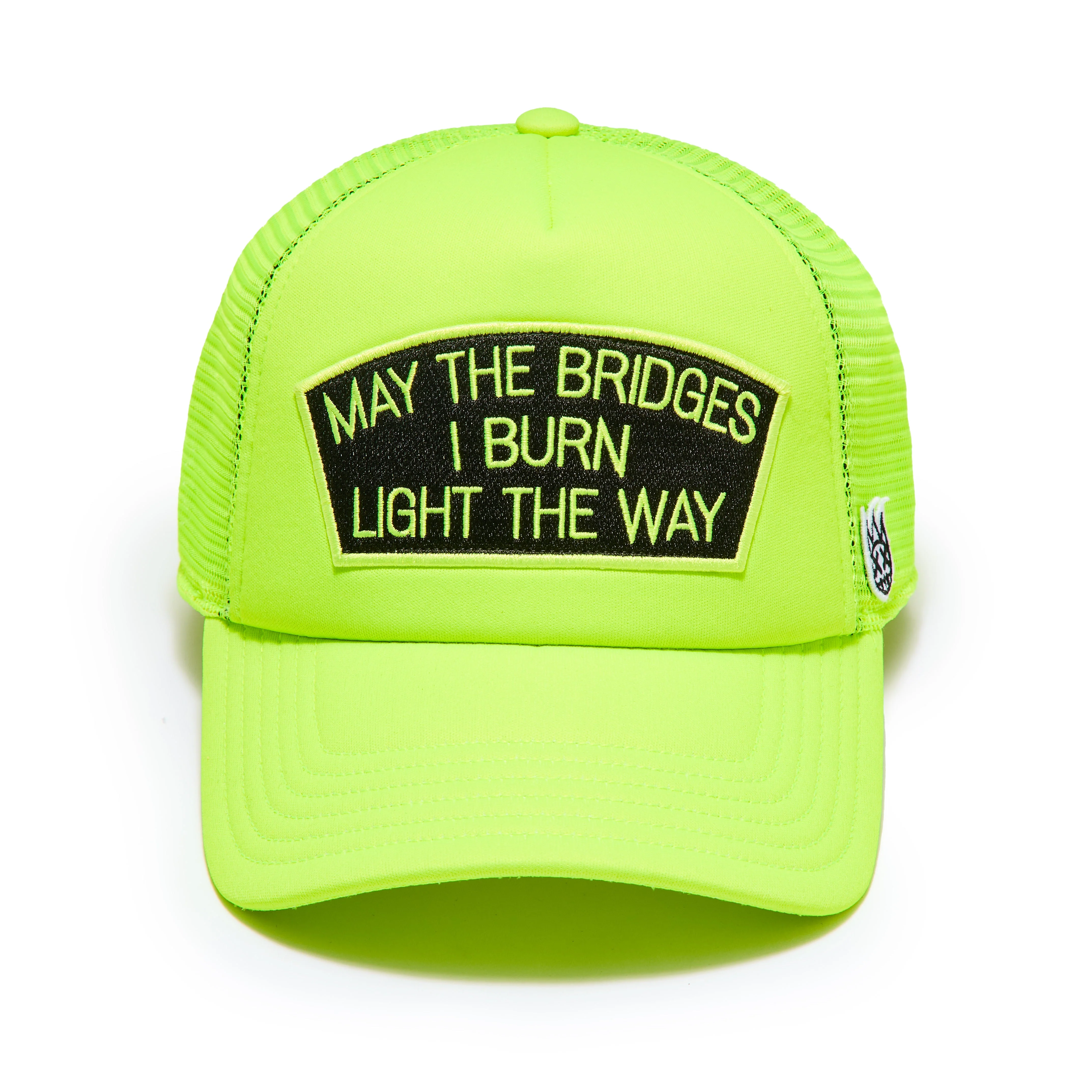 Cult's Mesh Back Trucker Hat In Neon Yellow "May The Bridges I Burn" / Black Patch