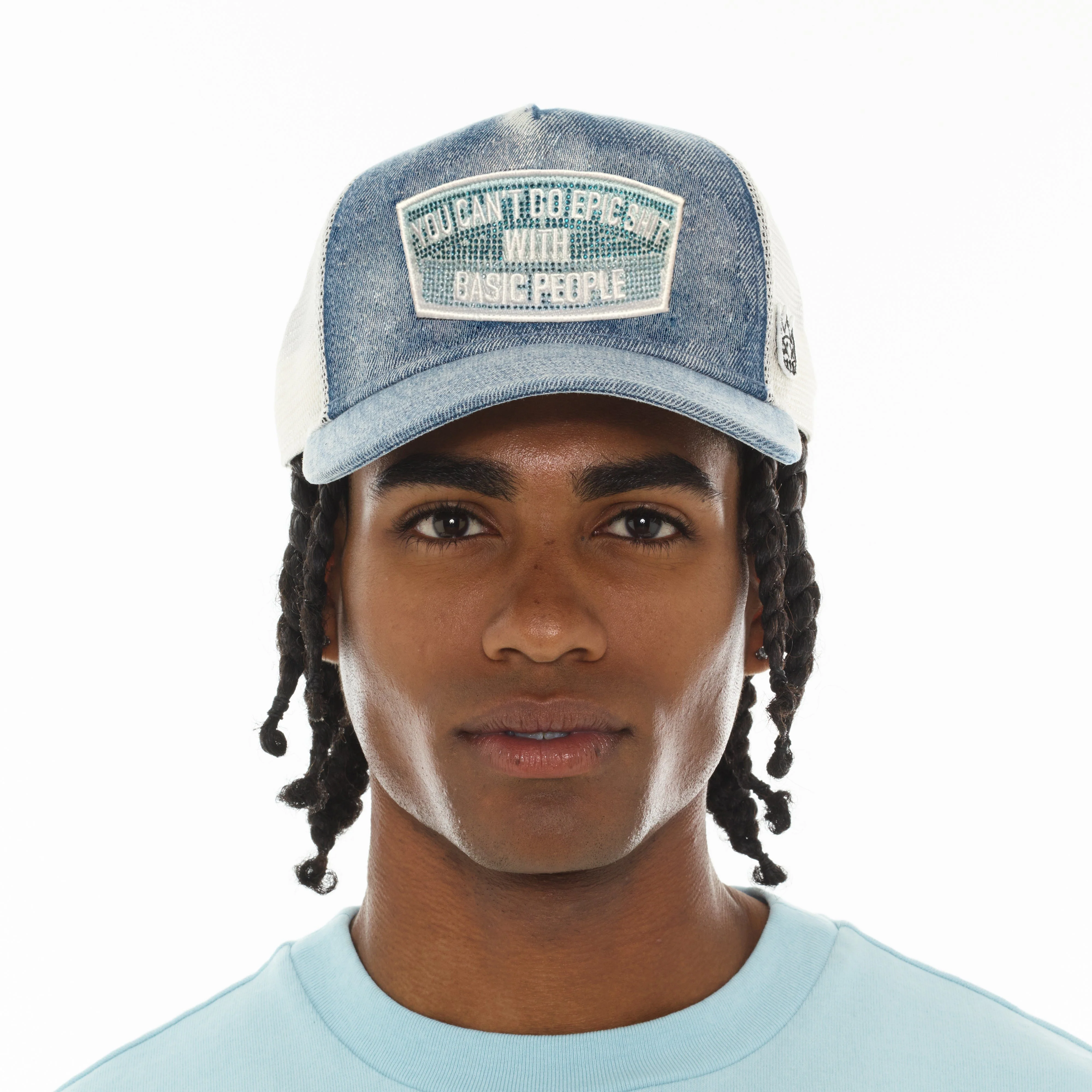 Cult's Mesh Trucker Hat "Epic Shit" Crystals In Blue Denim - Image 3