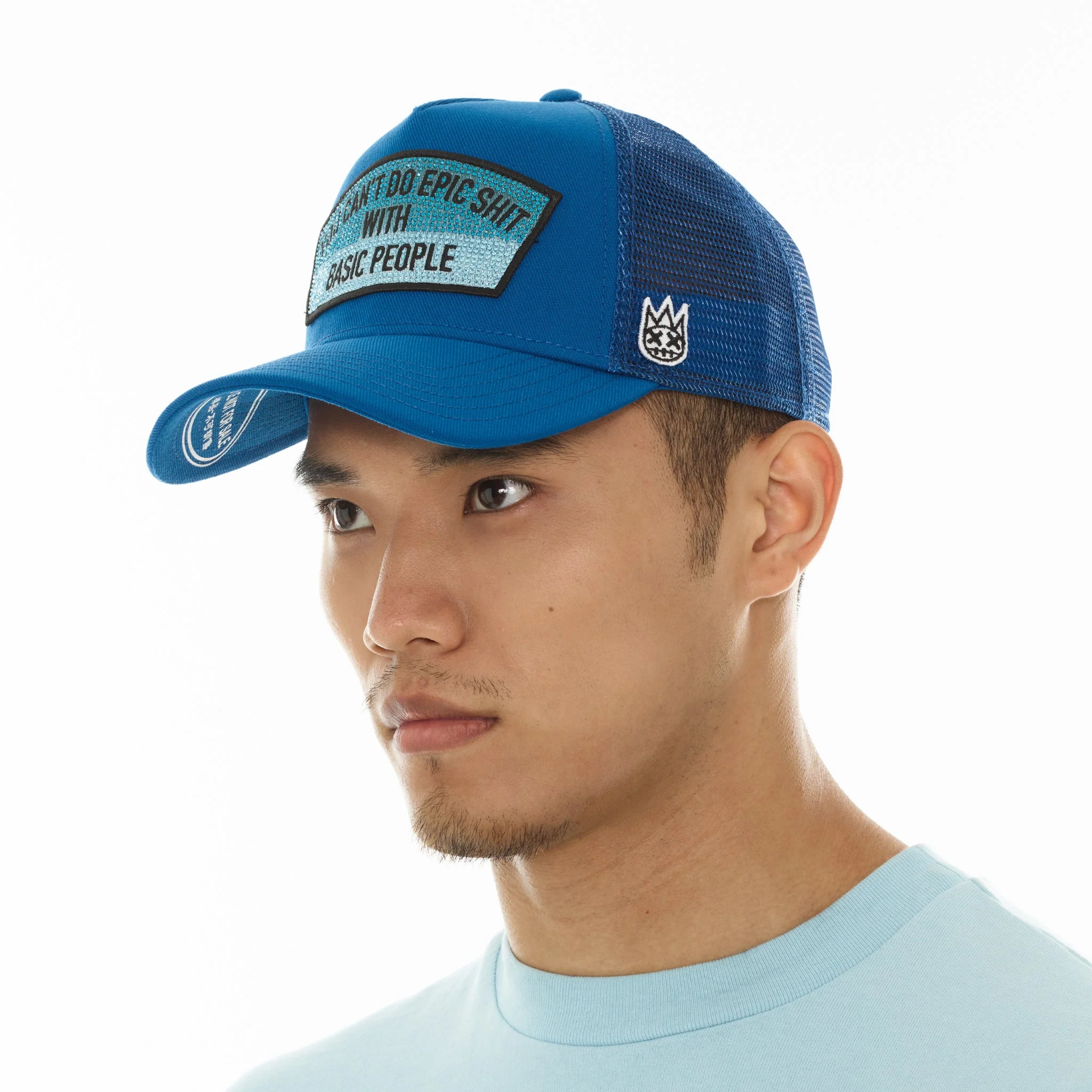 Cult's Mesh Trucker Hat "Epic Shit" Crystals In Turkish Blue - Image 4
