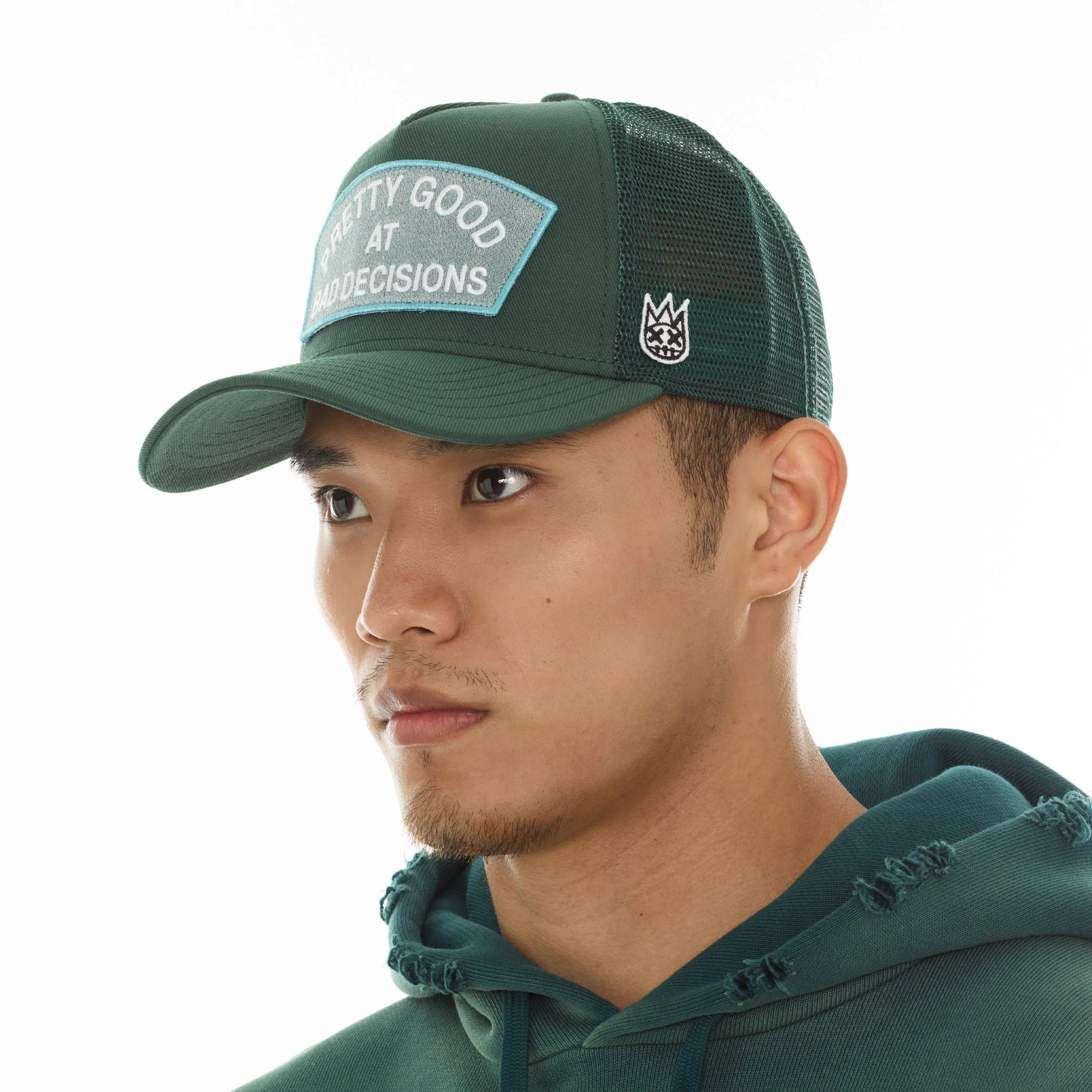 Cult's Mesh Trucker Hat "Good At Bad Decisions" In Bayberry - Image 4